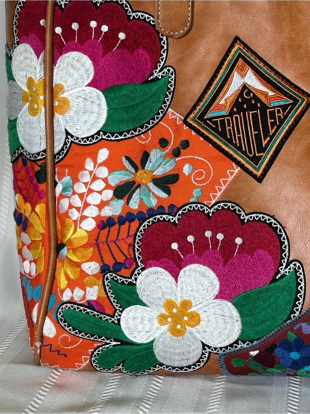 Plunder Tote Bag Camel Brown Faux Leather Multicolor Floral Bee Butterfly Patch